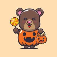 urso fofo com fantasia de abóbora de halloween vetor