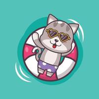 personagem de mascote de desenho animado gato bonito em óculos de sol nadar na praia na bóia vetor