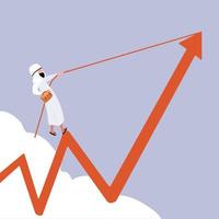 conceito de negócio plano de negócios árabe segurando a maleta, puxando o gráfico de seta para cima com corda. ascensão da carreira ao sucesso. retrata ganho, lucro, impulso. objetivo vencedor da ambição. desenho ilustração vetorial vetor