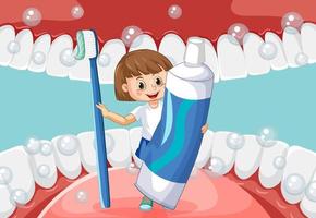uma menina segurando pasta de dentes e escova de dentes dentro da boca humana vetor
