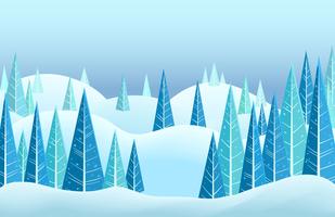 Vector a paisagem horizontal do inverno com os montes tampados neve e as árvores coníferas do triângulo. Ilustração dos desenhos animados