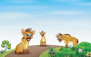 desenho animado três hiena brincando com a natureza vetor