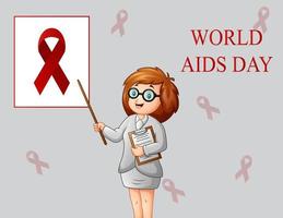 uma mulher mostra um sinal de fita vermelha no dia mundial da aids vetor