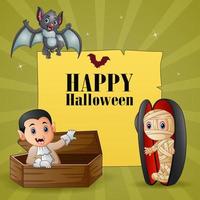 design de texto de halloween com múmia e vampiro vetor