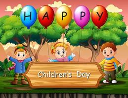 cartaz de dia das crianças feliz com crianças na ilustração do parque vetor