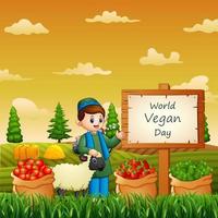 feliz dia mundial do vegano com legumes e agricultor no jardim vetor