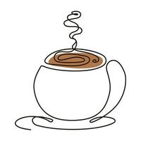 xícara abstrata de cappuccino com pires. café quente da manhã desenhado por uma linha contínua. aroma aromático edificante de mochacino vetorial marrom acabado de fazer vetor