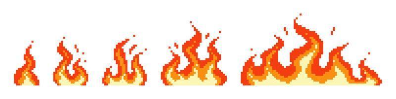 estágios de ignição de chama de pixel. pequena fogueira vermelha se transformando em um inferno de fogo consequências da explosão em chamas com chamas vetoriais furiosas vetor