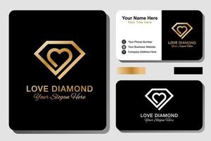 logotipo de amor de diamante de luxo moderno. logotipo de negócios de joias de ouro com design de cartão de visita vetor