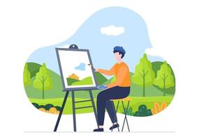 pintando ilustração plana ao ar livre com alguém que pinta usando cavalete, tela, pincéis e aquarela para designs de pôsteres ou oficinas vetor