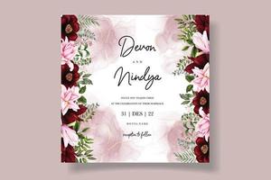 lindo cartão de convite de casamento com decoração de flores bordô