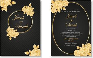 modelo de cartão de casamento de luxo preto com moldura de ouro rosa e fundo de padrão de linha vetor