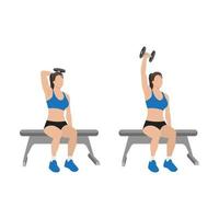 mulher fazendo exercício de extensões de tríceps com haltere de braço único sentado. ilustração vetorial plana isolada no fundo branco vetor