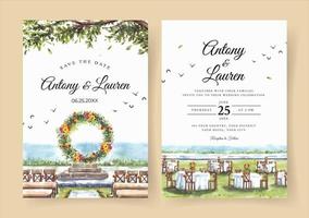 convite de casamento em aquarela da paisagem natural com bela vista do portão de casamento