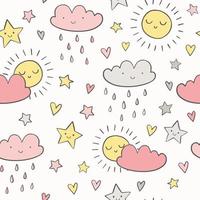 padrão de céu bonito no estilo doodle. sol desenhado à mão, nuvem, pingos de chuva, fundo sem emenda de estrelas. vetor