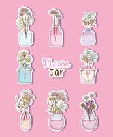 Conjunto de mason jar com desenhos de flores vetor