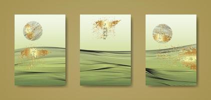 fundo de paisagem japonesa conjunto de cartões de linha preta onda padrão ilustração vetorial. textura ondulada geométrica do modelo abstrato verde ouro. design de layout de montanha em estilo oriental, brochura vertical vetor