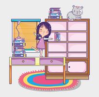 Menina, com, livros, desenhos animados vetor