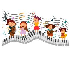 ilustração em vetor dos desenhos animados de uma menina com instrumentos musicais em pé nas teclas do piano. um conceito para uma escola de música. Isolado em um fundo branco.
