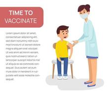 mulher médica dando uma vacina gratuita contra a gripe no braço de um paciente infantil. cartaz para a ilustração de desenhos animados isolados de vetor de clínica.
