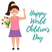 menina criança com um buquê de flores felicita um feriado infantil. dia mundial da criança vetor