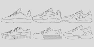 conjunto de tênis legal de contorno. vetor de desenho de contorno de tênis de sapatos, tênis desenhado em um estilo de desenho, contorno de modelo de tênis, coleção definida. ilustração vetorial.