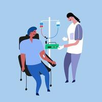 um médico enfermeiro faz uma transfusão de sangue para um paciente. quimioterapia vetor