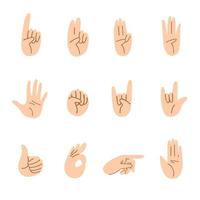 conjunto de mãos de desenhos animados de gestos diferentes. movimentos de mão de pele clara um dedo, dois, três, quatro, cinco, punho, polegar para cima e outros. ilustração em vetor estoque isolado no fundo branco.