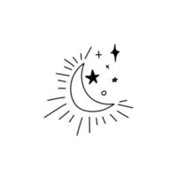 doodle contorno brilhando lua minguante e estrelas de diferentes formas. composição celestial da lua e do céu estrelado. ilustração em vetor estoque isolado no fundo branco.