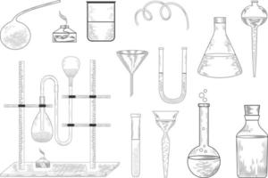 esboço de um experimento e equipamento de laboratório de física ou química. frascos de vidro farmacêuticos vetoriais, copos e tubos de ensaio no antigo estilo de gravura. vetor