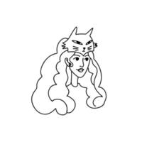 menina desenhada de mão usando um cocar na forma de uma cabeça de gato. imagem de disfarce de um gato em uma garota com cabelo exuberante. ilustração em vetor estoque isolado. teatro, conceito de carnaval.