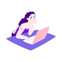 menina com sono no laptop. uma jovem, apoiada em sua mão, está sentada à mesa com roupas de casa em tons de roxo. ilustração em vetor estoque isolado no fundo branco em estilo cartoon.