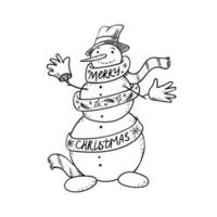 um boneco de neve bonito doodle em um longo cachecol, luvas e um chapéu sorri e acena, desejando um feliz natal. símbolo desenhado à mão de diversão de inverno. ilustração em vetor estoque isolado no fundo branco.