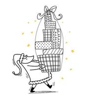 doodle santa carrega uma enorme pilha de presentes. alegre papai noel caminha com presentes nas mãos e um grande laço no topo. ilustração em vetor estoque isolado no fundo branco.