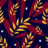 padrão de outono sem costura brilhante. pequenas folhas vermelhas amarelas e grandes em um fundo azul escuro. padrão natural desenhado à mão. fundo decorativo para têxteis, embalagens, estampas. vetor