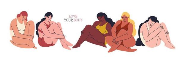 AME seu corpo. banner horizontal com mulheres jovens de diferentes cores, tamanhos e tipos de pele. garotas multiculturais se sentam em uma fila em trajes de banho se abraçando. ilustração em vetor estoque isolado.