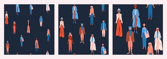 conjunto de padrões sem emenda de mulher em roupas casuais brilhantes. um grupo de garotas diversas em vestes da moda azul, laranja contra um fundo escuro. ilustração vetorial estoque colorido em estilo cartoon. vetor