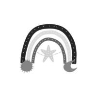 lindo arco-íris preto e branco isolado. arco-íris de doodle desenhado à mão com estrela, lua e sol. ilustração vetorial popular estoque em fundo branco. vetor