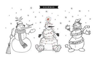 conjunto de doodle desenhado de mão de bonecos de neve. férias de inverno. bonecos de neve decorados ficam sob a neve em um lenço e guirlanda. pássaros estilizados estão sentados no chapéu. feliz Natal. ilustração em vetor estoque isolado