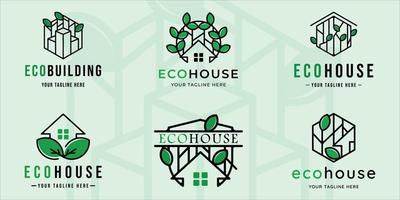 conjunto de eco house ou edifício logotipo linha arte ilustração vetorial vintage modelo ícone design gráfico. coleção de pacotes de vários sinais ou símbolos de arquitetura da natureza para o conceito de negócios imobiliários vetor