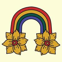 arco-íris brilhante com ícone de vetor de margaridas amarelas. ilustração retrô desenhada à mão, estilo dos anos 70. impressão de hippie groove para decoração, design de t-shirt, cartão, adesivo. clipart psicodélico dos desenhos animados. rabisco vintage