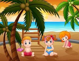 desenhos animados crianças sentadas na areia da praia vetor