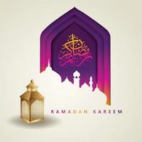 design luxuoso e elegante ramadan kareem com caligrafia árabe, lanterna tradicional e mesquita de portão colorido de gradação para saudação islâmica vetor