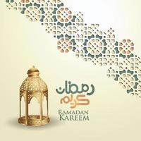 design luxuoso ramadan kareem com caligrafia árabe, lua crescente, lanterna tradicional e mesquita padrão textura de fundo islâmico. ilustração vetorial. vetor