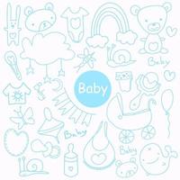 conjunto de desenhos animados doodle desenhado à mão esboçado de objetos e símbolos sobre o tema do bebê. vetor de design feito à mão recém-nascido.