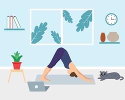 mulher praticando exercícios de ioga no tapete em casa. vetor