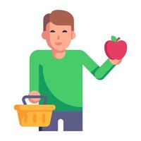 homem fazendo compras de frutas, ícone plano vetor