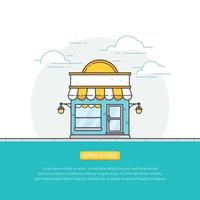 loja online aberta, conceito de vetor de construção de frente de loja. ilustração de vitrine em estilo simples. loja online, design de banner de loja. ilustração vetorial