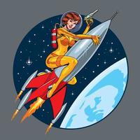 mulher atraente astronauta montando um foguete ou míssil. ilustração em vetor estilo vintage sci-fi.