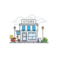 construção de loja online. frente de loja e entrega de scooter. edifício de loja de varejo local de rua. ilustração vetorial vetor